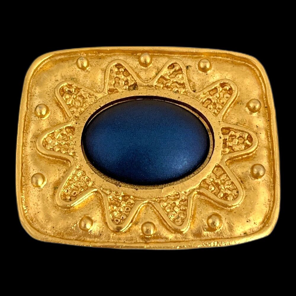 Vintage 1980s Leslie Block Cabochon Brooch Matte Gold Tone Etruscan Revival - 4G